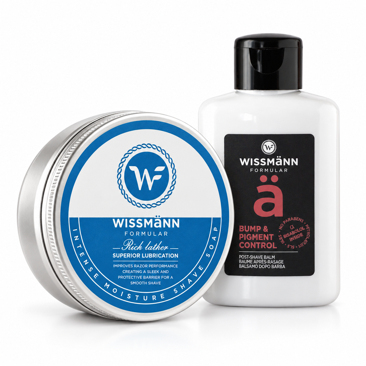Wissmann Formular Shave Soap and Post-Shave Balm introductory duo on a white background