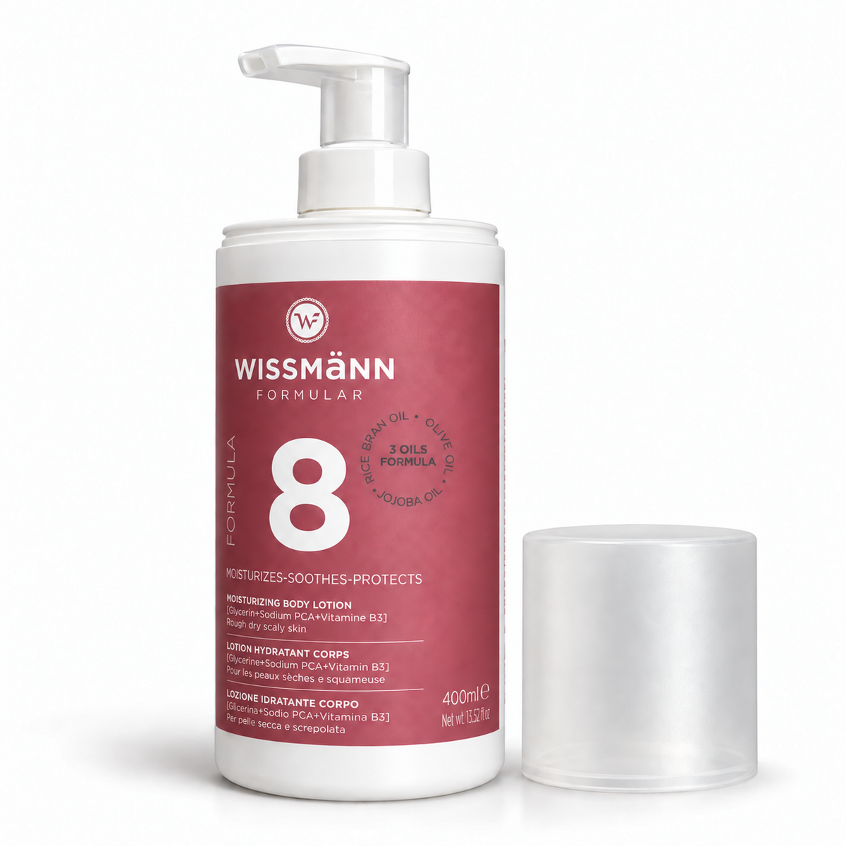 Formula 8 body lotion with the clear cap removed, showing the pump dispenser