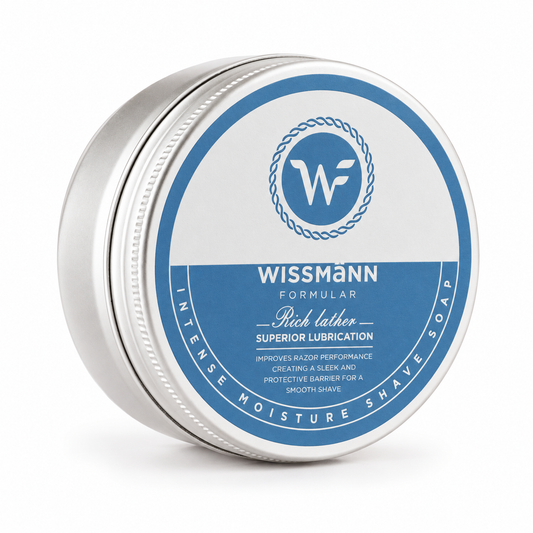 Wissmann Formular Intense Moisture Shave Soap in a 75 g aluminium tin, lid label